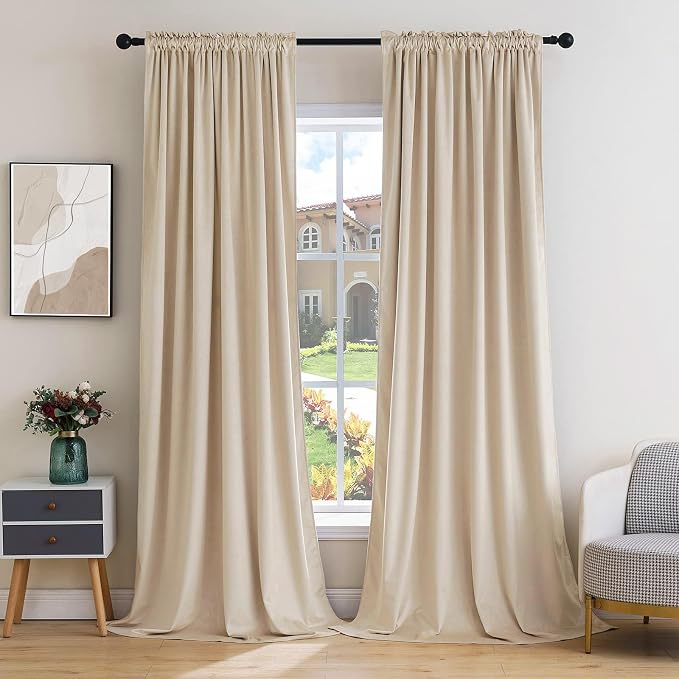 MIULEE Beige Blackout Velvet Curtains Drapes 84 Inch Long 52"x84" Bedroom | Luxurious Bedroom Living Room Decor, Room Darkening, Thermal Insulated, Rod Pocket Design, Super Soft Fabric