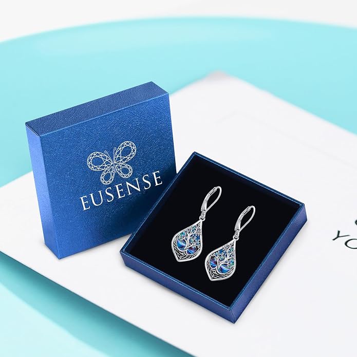 Eusense Sterling Silver Dangle Earrings for Women Tree of Life Animals Moonstone Turquoise Leverback Earrings Jewelry Gifts