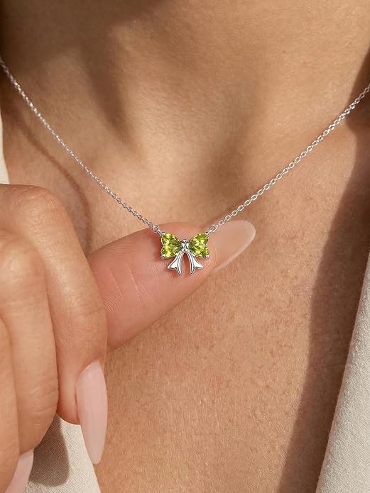 ChicSilver Bow and Cat Birthstone Necklace, 925 Sterling Silver Pendant Necklaces for Women, Hypoallergenic Silver Choker with 16 inch Rolo Chain, 12 Months Jewelry for Valentines Mothers Day Christmas