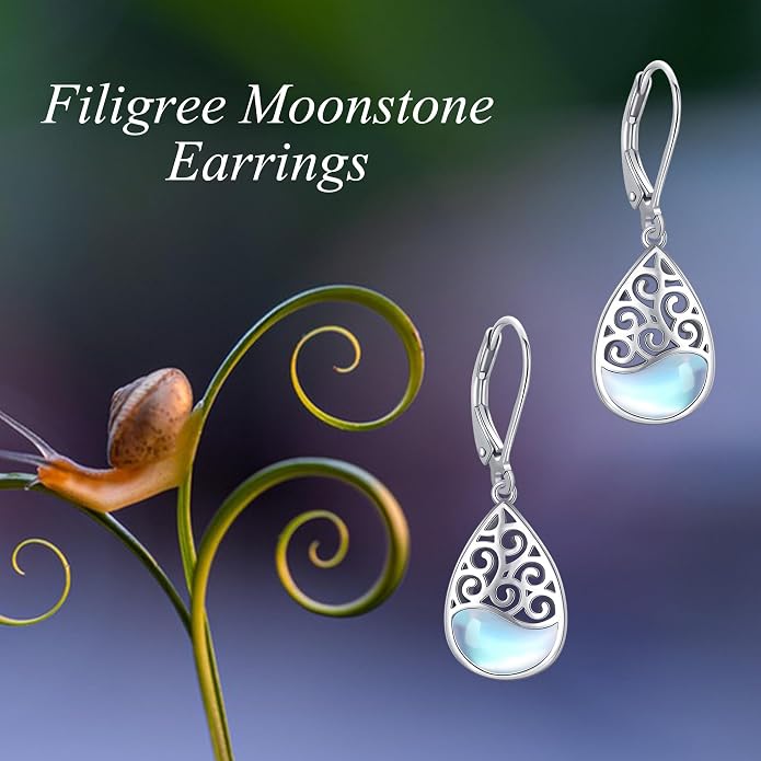 Filigree Teardrop Dangle Earrings Sterling Silver Filigree Moonstone Leverback Earrings Jewelry for Women