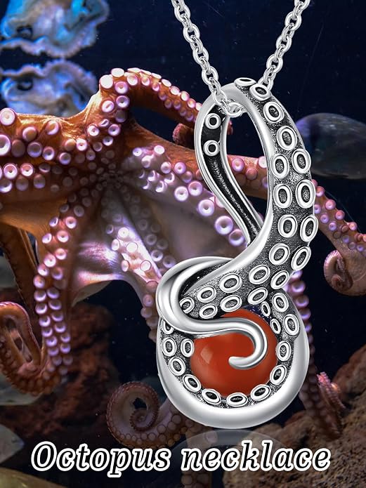 Octopus Tentacles Necklace with Gemston 925 Sterling Silver Octopus Pendant for Women Ocean Jewelry Gift for Women