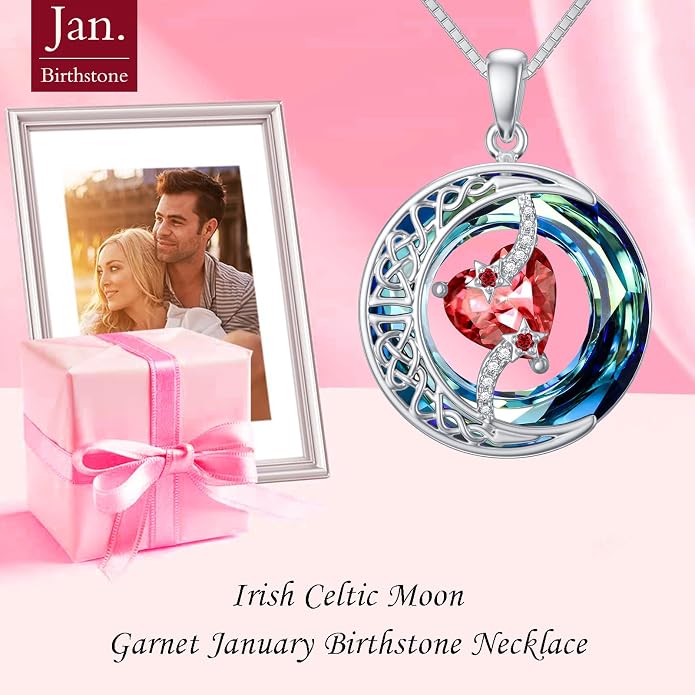 TOUPOP Birthstone Necklace 925 Sterling Silver Moon and Star Pendant Celtic Moon Jewelry with Blue Crystal Anniversary Birthday Gifts for Women Mom Wife Her