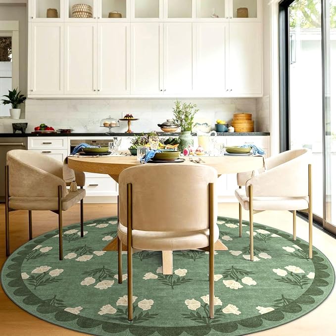 Sage Green Round Nursery Rug 5ft - Soft Washable Boho Floral French Country Scalloped Round Rug for Bedroom Non Slip 5x5 Stain Resistant Circle Area Rugs for Living Room Dining Room Playroom