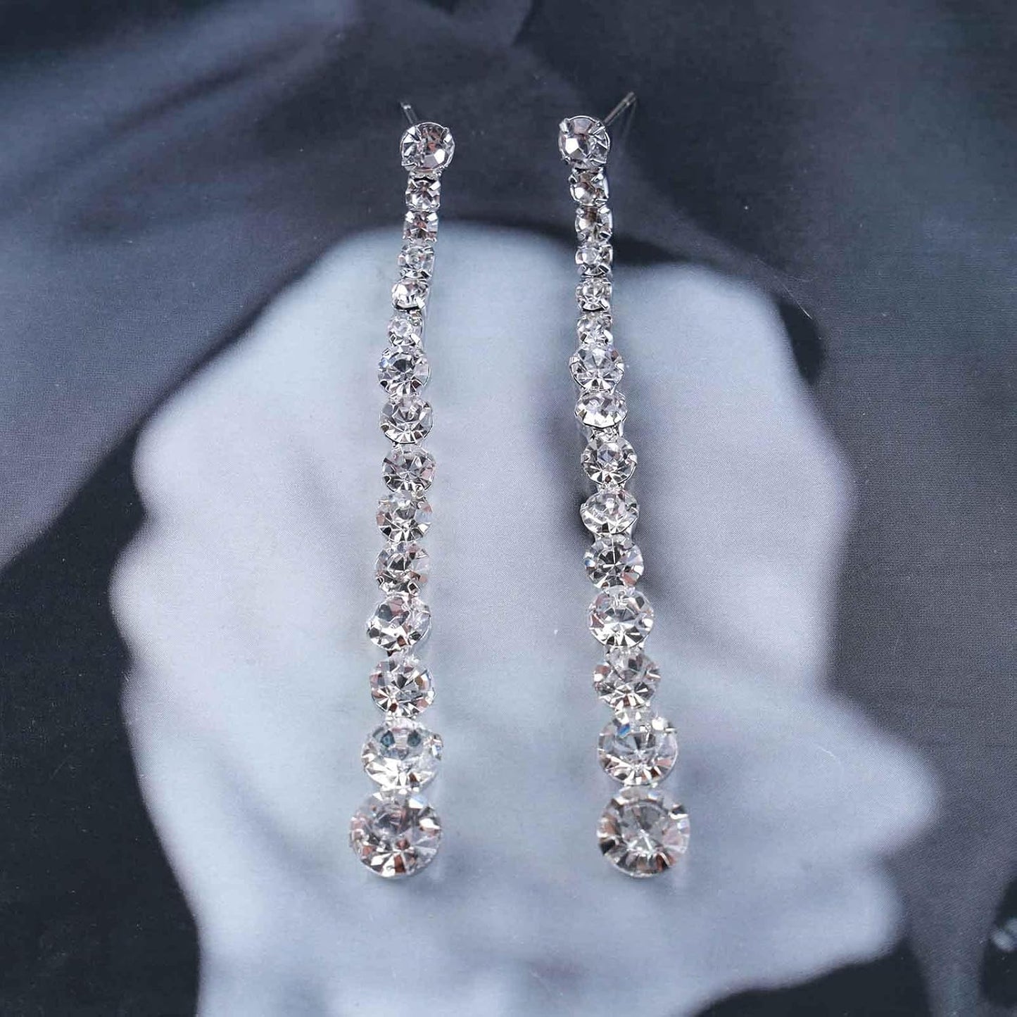 Vintage Rhinestone Chain Drop Earrings Silver Linear Crystal Earrings Sparkle Cz Tassel Earrings Long Cz Chain Stud Earrings Jewelry for Women and Girls
