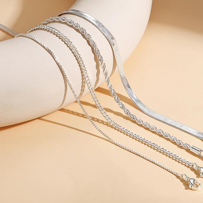 Tewiky Layered Necklaces for Women Non Tarnish- Chunky 14k Gold Plated Herringbone/Snake/Rope/Box/Cuban Link Chain for Women Waterproof Layering Stack Choker Necklace Trendy Dainty Tarnish Free Jewelry Set