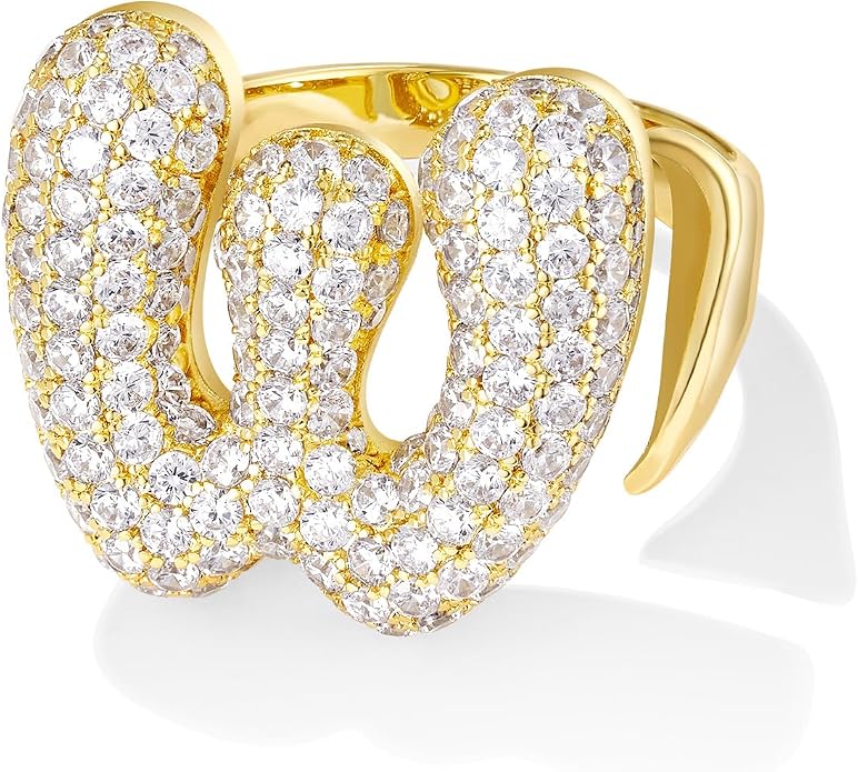 KissYan Bubble Initial Ring for Women, 14K Gold Plate Balloon Jumbo Letter Rings Open Adjustable Dainty Pave CZ Personalized Fashion Jewelry Gift for Mother's Day