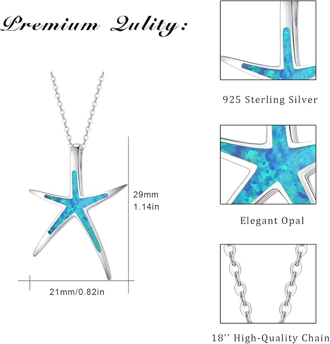 Cuoka Starfish Necklace, 925 Sterling Silver with Opal, Hawaiian Beach Nautical Ocean Pendant, Starfish Jewelry Opal Jewelry Valentine for Women Girlfriend