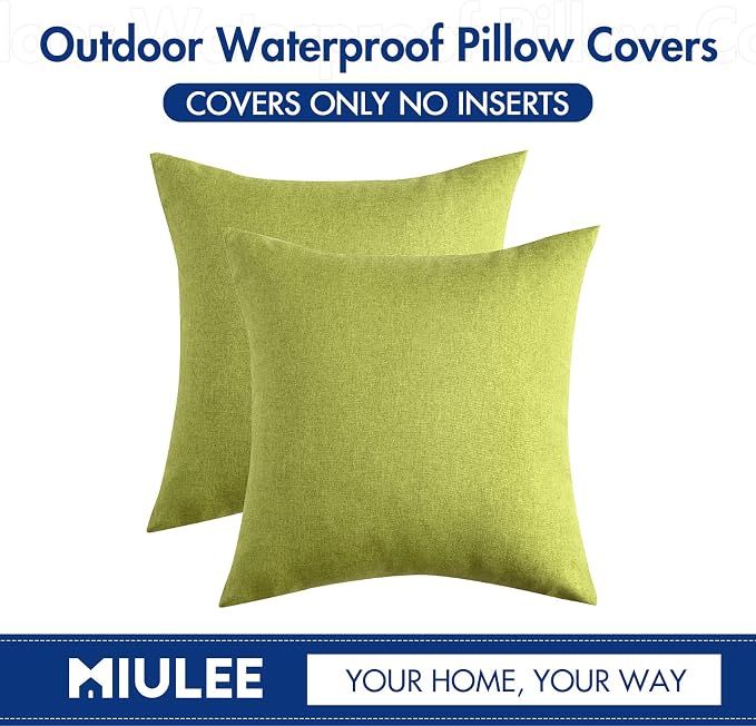 MIULEE Pack of 2 Decorative Outdoor Solid Waterproof Throw Pillow Covers Spring Faux Linen Garden Farmhouse Cushion Cases for Summer Patio Tent Balcony Couch Sofa 18x18 Inch Green