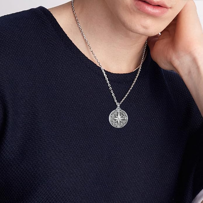 VONALA Halloween Necklace Sterling silver Pirate Skull Thor Hammer Wolf Compass Necklace for Men Compass Urn Necklace for Ashes Nordic Viking Jewelry Women