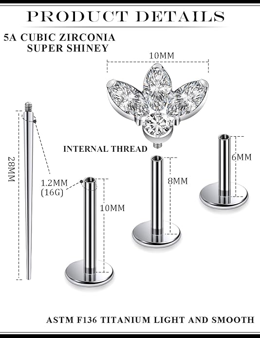 16G Astm F136 Titanium Internal Thread Flat Back Earrings Nose Studs Tragus Forward Helix Conch Cartilage Lobe Earrings Stud Medusa Labret Monroe Lip Ring Piercing Jewelry For Women Men