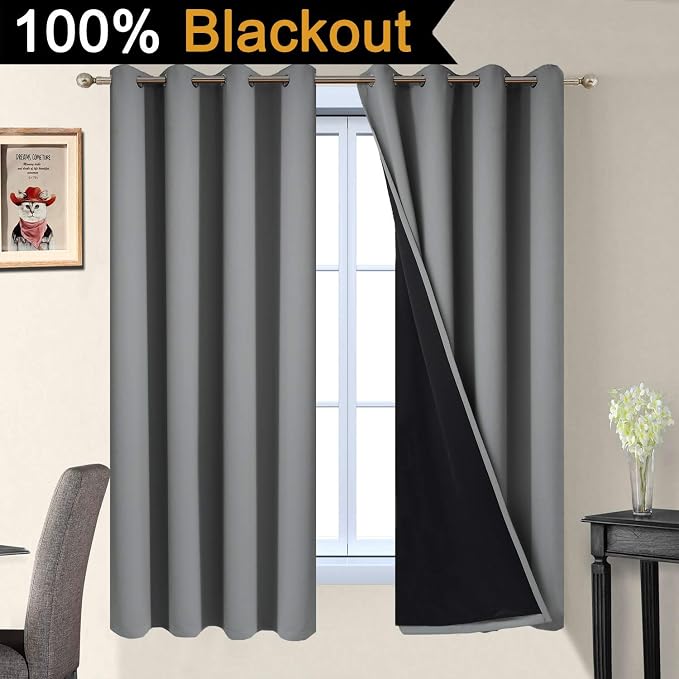 Yakamok Grey Blackout Curtains 63 Inches Long for Bedroom 52" Wide 2 Pcs | Blackout Curtain Panels for Bedroom, 2 Thick Layers Grommet Top Thermal Insulated Drapes with Black Liner for Living Room