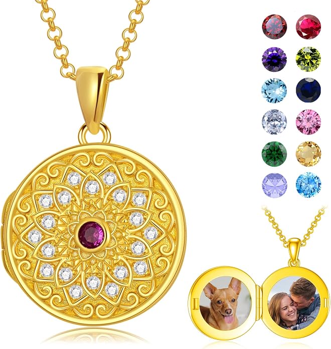 Round/Heart/Oval Shape Locket Necklace That Holds Pictures 925 Sterling Silver Personalized Birthstone Photos Engraved Locket Pendant Birthday Memorial Jewelry Gift for Women