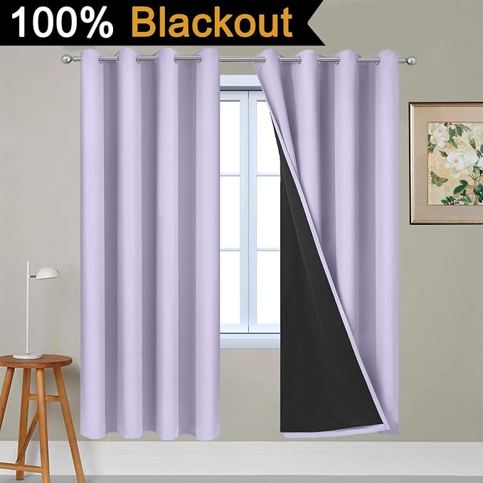 Yakamok Lilac 100% Blackout Curtains 72 Inches Long for Bedroom 52" Wide | Blackout Curtain Panels for Bedroom, 2 Thick Layers Grommet Top Thermal Insulated Drapes with Black Liner for Living Room