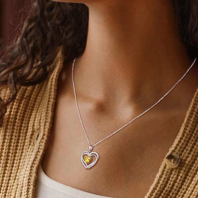 Anniversary Charm Necklace, Sterling Silver 14K Gold Plated Chain with Interlocking Heart Pendant Elegant Birthstone Necklaces for Women, Length 18"