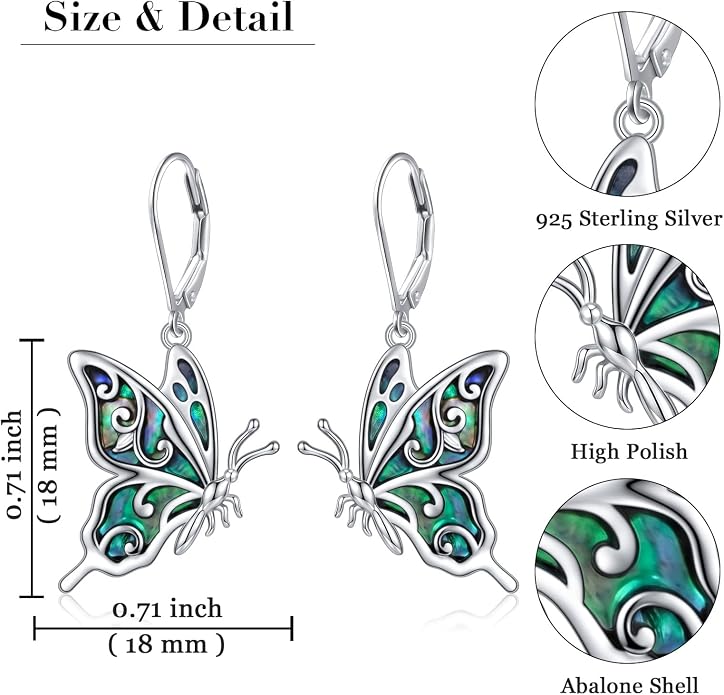 925 Sterling Silver Butterfly Abalone Shell Dangle Earrings for Women Animal Butterfly Drop Earring Jewelry Gifts for Anniversary Birthday Christmas Thanksgiving Mother‘s Day