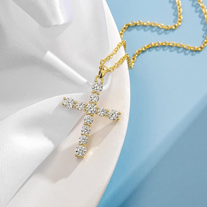 Carleen Cross Necklace For Women Yellow Gold Plated Sterling Silver Cubic Zirconia CZ Simulated Diamond Cross Crucifix Pendant Necklace Jewelry Easter Gift for Women, 18" Silver Chain Nice Gifts Jewelry Box