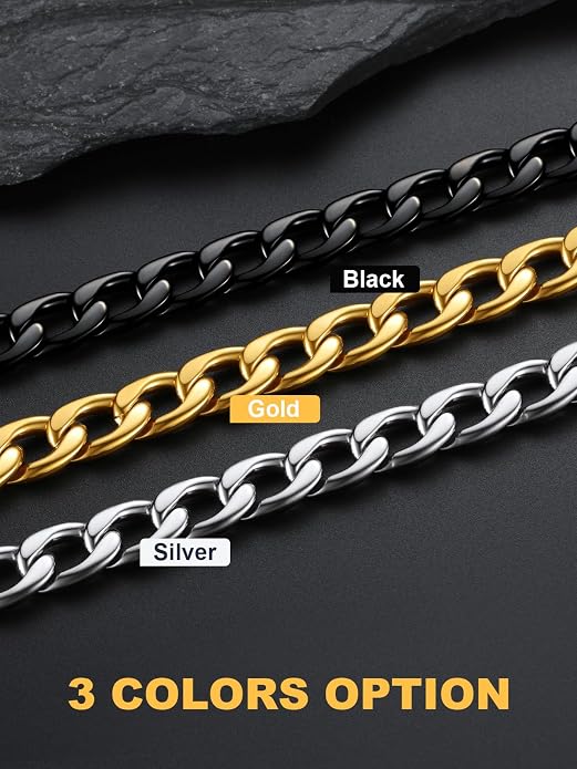 U7 Cuban Link Chain for Men Women Stainless Steel Curb Necklace, 7/9/12/15 MM Chunky Chain Silver/Gold/Black Mens Hip Hop Jewelry 18''-30''