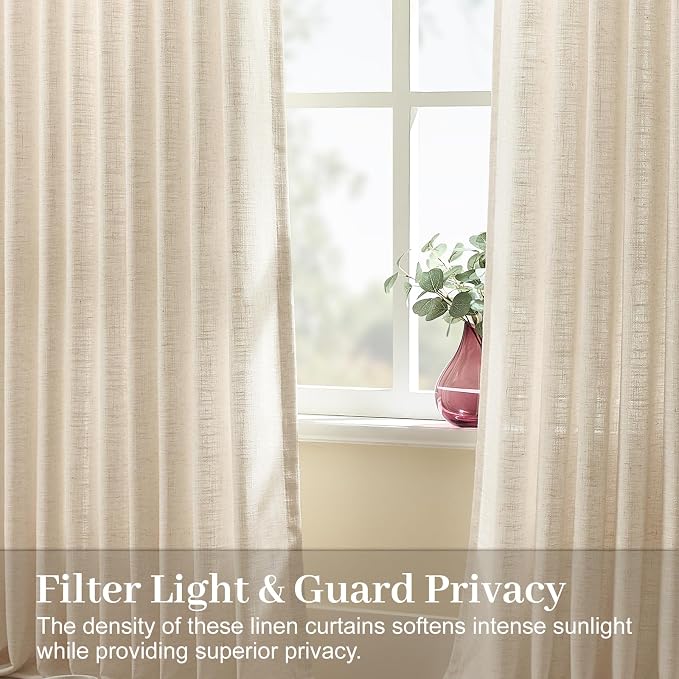 IVAPUPU Extra Wide Pinch Pleated Linen Curtains for Living Room, Light Filtering Privacy Memory Training Semi Sheer Pleated Curtain with Hooks Rings Back Tab Drapes, 70Wx96L, Sand Beige, 1 Panel
