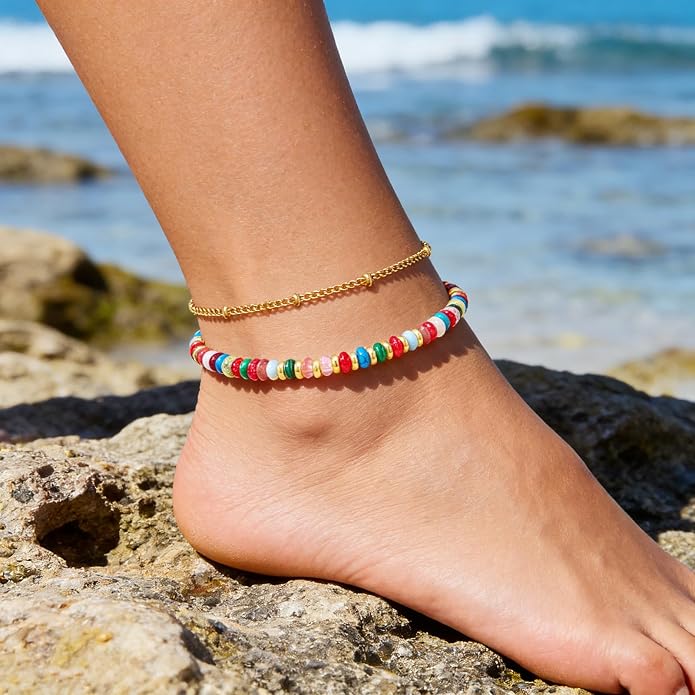 Ankle Bracelet for Women Natural Stone Colorful Beaded Boho Layered Anklet 14K Gold Plated Adjustable Beads Chain 2Pcs Anklets Set Handmade Summer Beach Jewelry