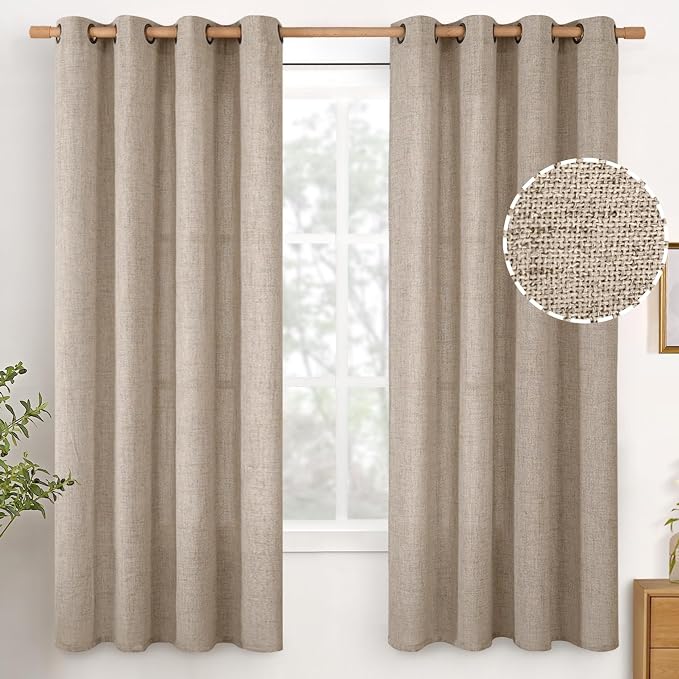 YoungsTex 68 Inch Length Burlap Linen Curtains 2 Panels Set for Living Room, Light Filtering Textured Drapes with Bronze Grommet Privacy for Bedroom Farmhouse Rustic, Dark Oatmeal, 52 x 68 Inch