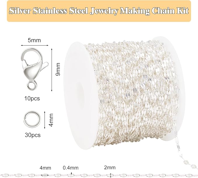 GTVOODX 33 Feet Silver Chain for Jewelry Making 2mm Soldered Stainless Steel Lip Link Chains Spool Bulk for Bracelet Necklace Jewelry Making with Jump Rings Lobster Claw Clasps