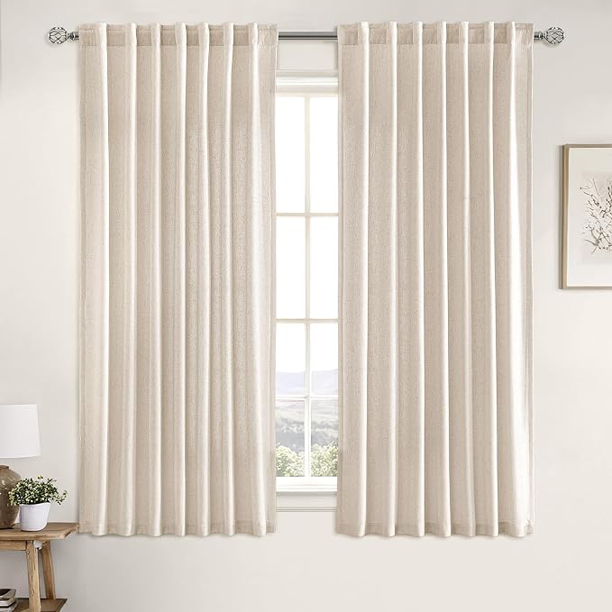 MIULEE Non-See-Through Privacy Linen Curtains 52W x 63L Inch Birch | 2 Panels, Light Filtering, Semi Sheer Window Curtains, Farmhouse Textured, Back Tab Drapes for Bedroom Living Room