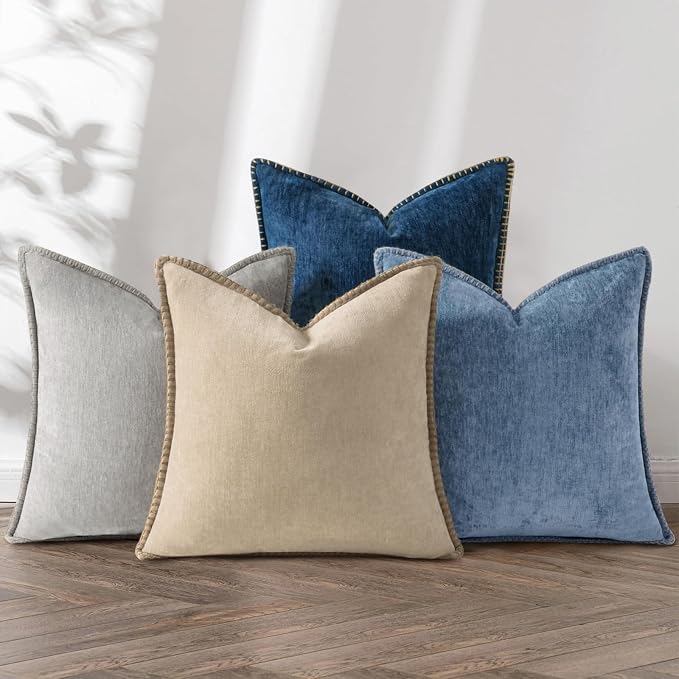 decorUhome Fall Soft Decorative Chenille Throw Pillow Covers 16x16 Set of 4 | Beige Blue Cozy Decorative Modern Farmhouse Neutral Pillow Cases with Stitched Edge for Couch Sofa Bed Living Room Home Decor