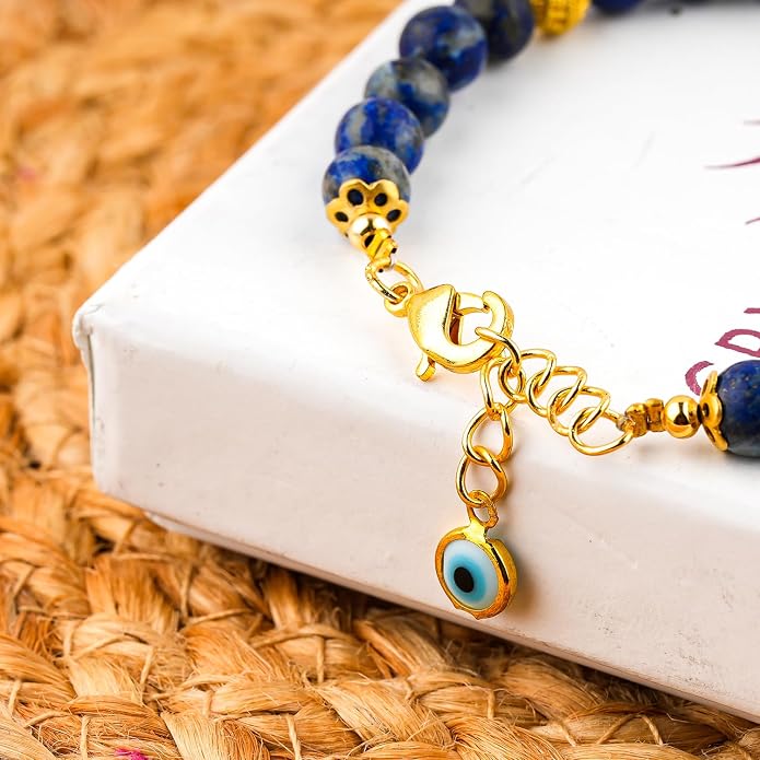 AAA Grade Natural Gemstone Beaded Bracelet, 14K Gold Plated with Evil Charm, Wicca & Reiki Healing Crystals, Handmade Bohemian Jewelry, Christmas Gift for Women (7+1inch)