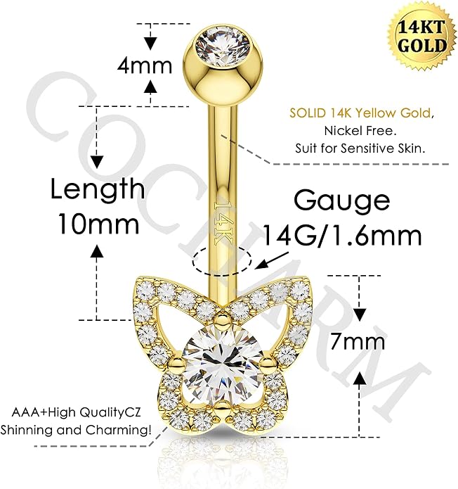 COCHARM 14K Real Gold Butterfly Belly Button Rings Solid Gold Belly Rings for Women 14K Belly Piercing Jewelry 14 14ktNavel Rings Navel Bar