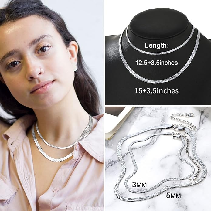 FOCALOOK 14K Gold Plated Necklaces for Women, Fashion Herringbone Choker Necklace Stainless Steel Flat Snake Chain 3/5MM(W) 12.5"/15"/18"+3.5"(L)