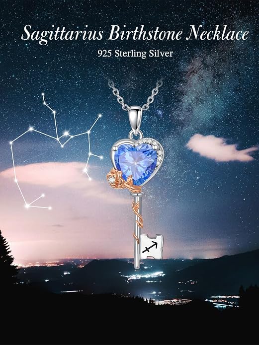 OCJ Zodiac Necklace for Women 925 Sterling Silver Rose Flower Key Pendant Necklaces Zodiac Birthstone Jewelry Wife Birthday Anniversary Christmas Gifts for Her