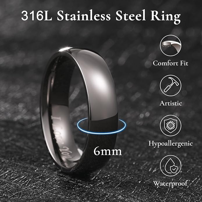 King Will 316L Stainless Steel Wedding Band for Men Women-2-8mm Width Wedding Ring in Black/Sliver/Gold Plated Laser I Love You High Polished Dome Style Promise Ring Comfort Fit Size 4-15
