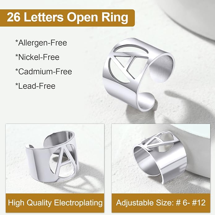 KeyStyle Bold Initial Letter Rings Adjustable, GoldChic Jewelry Women Gold Statement Ring Personalized Engraved Women’s Open Signet Ring for Party (Gold, White Gold, Black)