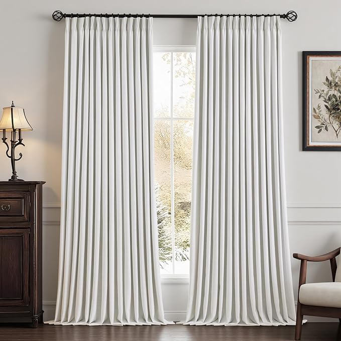 IVAPUPU Linen Pinch Pleated Blackout Curtains for Bedroom - Ivory Full Black Out Curtains 108 Inch 2 Panels Set for Living Room Darkening Thermal Window Curtain Drapes with 16pc Hooks
