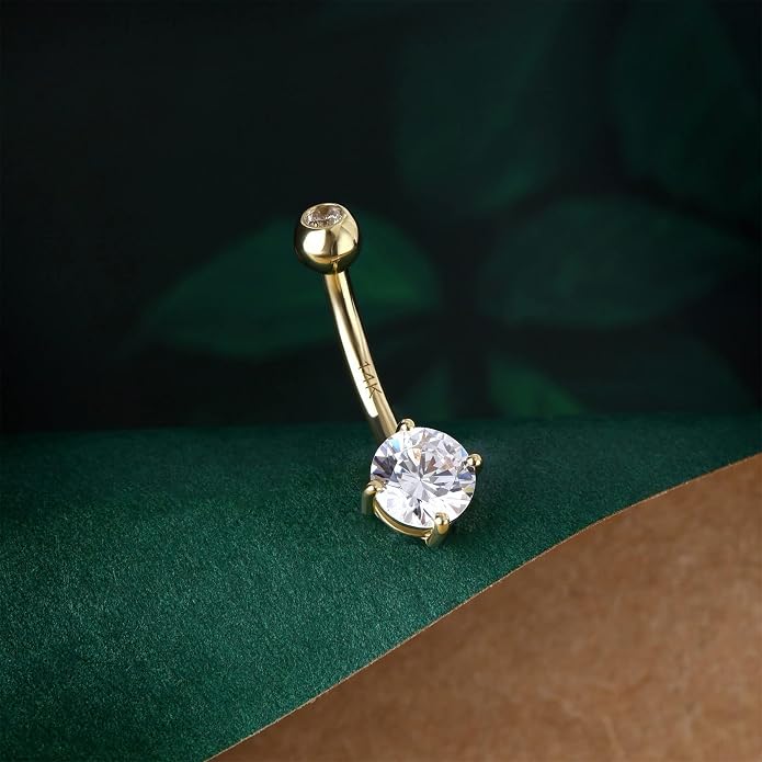COCHARM 14K Gold Belly Button Rings for Women 14K Yellow Gold Belly Rings Round CZ Real Gold Belly Navel Piercing Jewelry