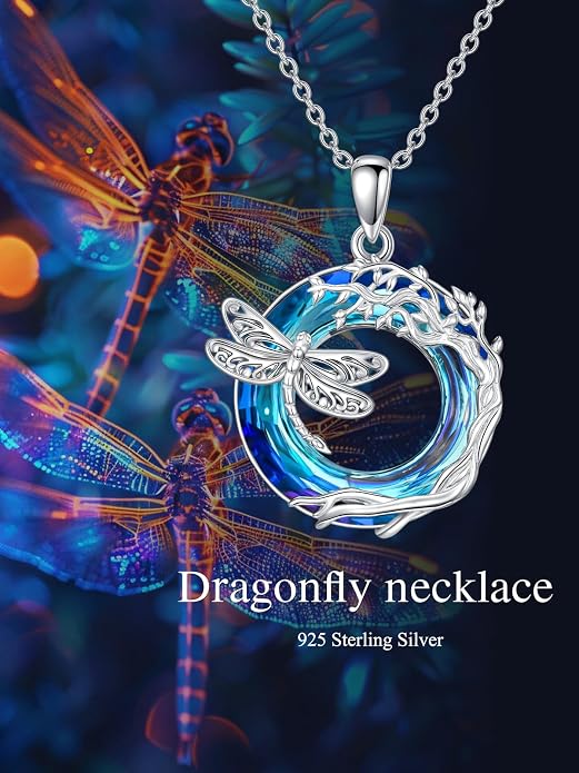 Dragonfly Necklace 925 Sterling Silver Dragonfly/Sunflower Bee Pendant Necklace Dragonfly with Blue Circle Crystal Dragonfly Jewelry Gifts as Holiday Christmas Gifts for Women