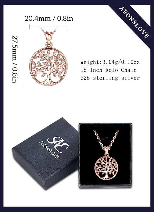 AEONSLOVE Tree of Life Necklace 925 Sterling Silver, Family Tree of Life Pendants Jewelry Gifts for Women Wife Mother, 18 Inch Chain