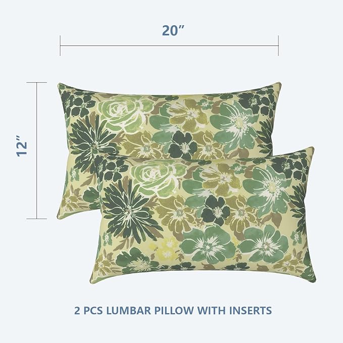 LVTXIII Outdoor/Indoor Lumbar Pillows, Decorative Patio Lumbar Cushions, Fluffy Water Repellent Garden Cushions for Home Patio Coach Sofa Use, 12×20 Inch, Pack of 2, Green Rose