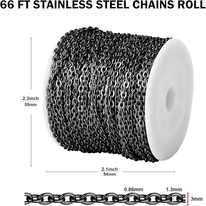 [66 FT] Black Cable Chains Bulk for Jewelry Making, 3mm 304 Stainless Steel Gunmetal Black Flat Cable Link Chains Roll Spool for Jewelry Making DIY Craft