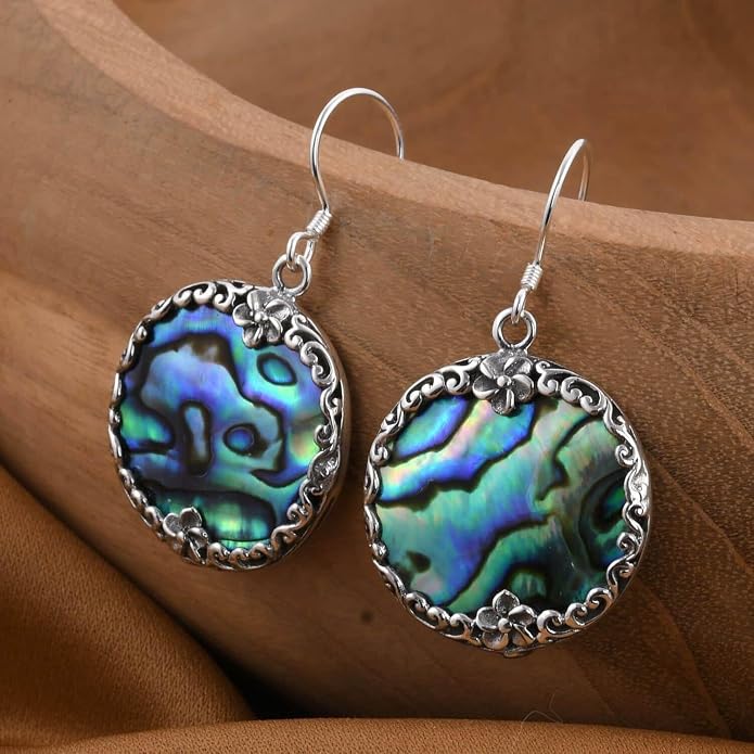 Abalone Shell Dangle Earrings for Women Sterling Silver 925 - Unique Vintage Beach Boho Earrings - Costume Jewelry Anniversary Birthday Christmas Gifts for Womens