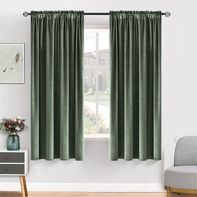 MIULEE Sage Green Blackout Velvet Curtains Drapes 63 Inch Long 52"x63" | Luxurious Bedroom Living Room Decor, Room Darkening, Thermal Insulated, Rod Pocket Design, Super Soft Fabric