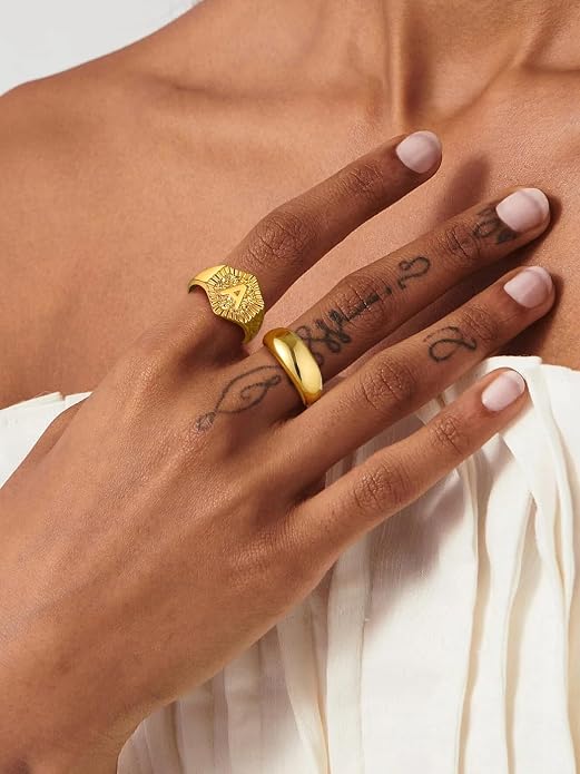 U7 Chunky Gold Dome Rings for Women, Stainless Steel/18KGold Plated/Black Statement Ring Non Tarnish Women Rings, Size 7-12