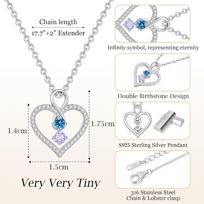 LOUISA SECRET Double Birthstone Necklaces for Women, 925 Sterling Silver Infinity Love Heart Pendant Necklace for Her, Birthday Anniversary Valentine's Day, Christmas, Wedding, Graduation Gift for Her, Personalized Gifts, Jewelry Gifts for Wife Mom Gir...