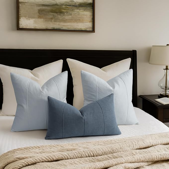ZWJD Decorative Linen Throw Pillow Covers 20x20 Set of 2 Solid Handcrafted Striped Cushion Covers for Bed Soft Modern Farmhouse Neutral Pillowcase for Couch Bedroom Living Room Home Decor(Sky Blue)