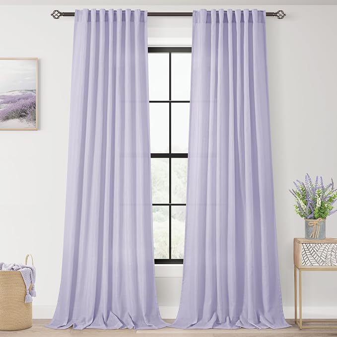 Lavender Linen Curtains Back Tab 108 Inches for Bedroom Living Room 2 Panels Semi Sheer Light Filtering Window Treatment Curtain Modern Elegant Decor Drapes Violet Light Purple 52X108