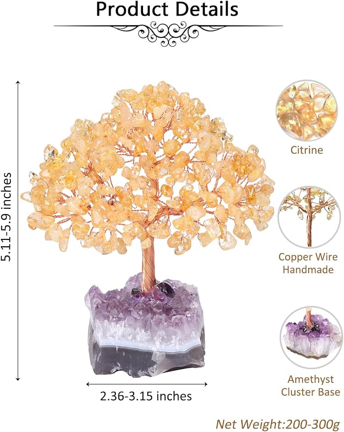 Jovivi Natural Citrine Healing Crystal Money Tree on Amethyst Cluster Geode Druzy Base Feng Shui Crystals for Home Office Desk Decorations, Wealth, Good Luck