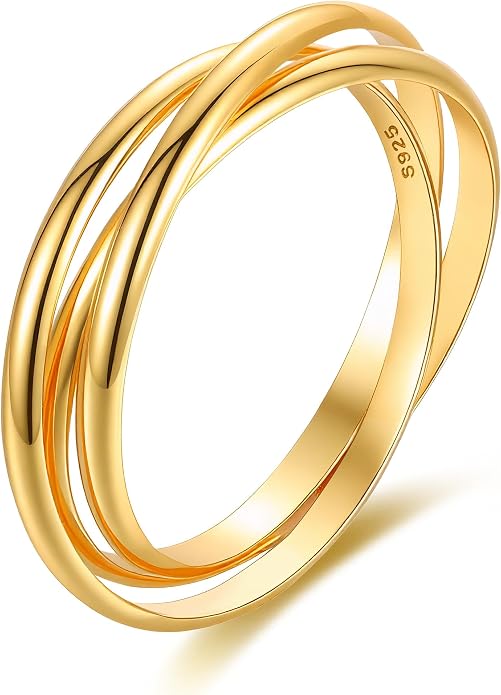 14K Gold Plated Interlocking Fidget Anxiety Ring 925 Sterling Silver Stackble Rings for Women Men Rolling Triple Spinner Ring Minimalist Trendy Knuckle Rings Jewelry Birthday Graduation Gifts