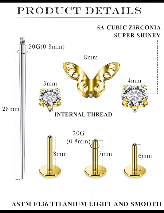 20G 18G 16G Astm F136 Titanium Internal Thread Flat Back Earrings Nose Studs Tragus Forward Helix Conch Cartilage Lobe Earring Stud Medusa Labret Monroe Lip Ring Piercing Jewelry For Women Men