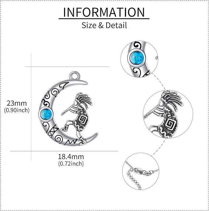 Turquoise Western Necklace Sterling Silver Moon Kokopelli/Cow Skull/Zia Sun/Mountains Pendant Necklace Turquoise Jewelry for Women Hikers Campers