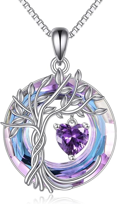 POPLYKE Mothers Day Gifts for Mom Her Wife Tree of Life Necklace 925 Sterling Silver Birthstone Pendant with Crystal Anniversary Birthday Wedding Jewelry for Women
